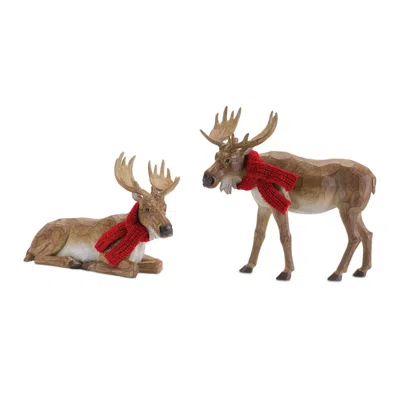 Melrose International Carved Winter Moose With Scarf (set Of 2) - Brown, Red In Multi