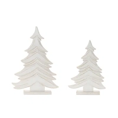 Melrose International Carved Wood Pine Tree (set Of 2) - White, Beige