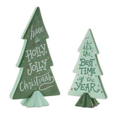 Melrose International Ceramic Christmas Sentiment Pine Tree (set Of 4) - Green