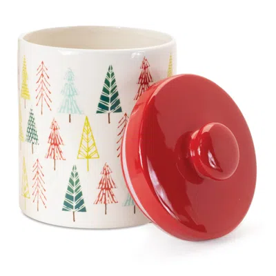 Melrose International Ceramic Pine Tree Print Cookie Jar 10"h - White, Red, Green