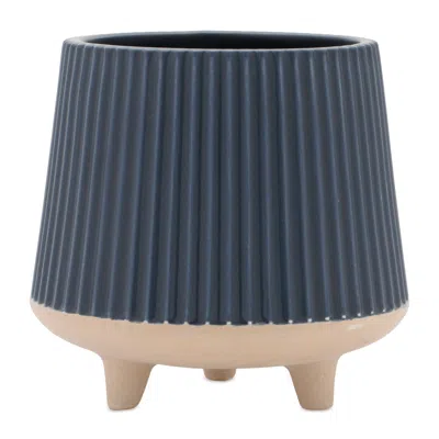 Melrose International Ceramic Ribbed Footed Planter (set Of 2) - Blue, Beige