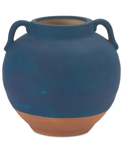 Melrose International Ceramic Urn Vase With Terra Cotta Accent In Blue
