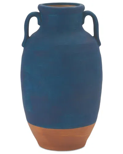 Melrose International Ceramic Urn Vase With Terra Cotta Accent In Blue