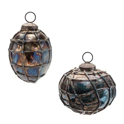 Melrose International Distressed Mercury Glass Ornament (set Of 12) In Gray,blue