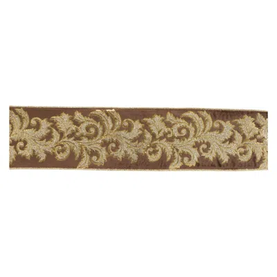 Melrose International Embroidered Damask Wired Ribbon 4" X 5 Yds. - Gold, Brown