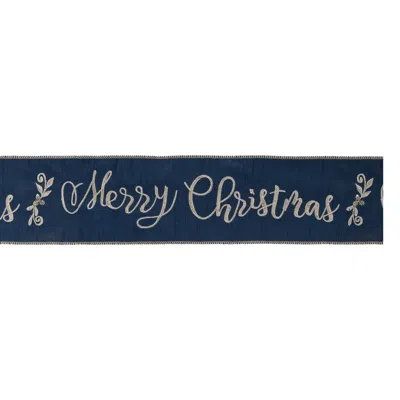 Melrose International Embroidered Merry Christmas Wired Ribbon 4" X 5 Yds. - Blue, Gold