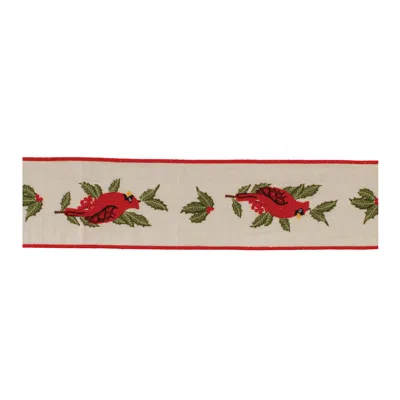 Melrose International Embroidered Winter Cardinal Ribbon 4" X 5 Yds. - Beige, Red