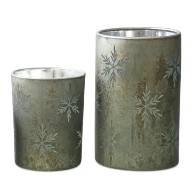 Melrose International Etched Snowflake Mercury Glass Candle Holder (set Of 2) - Grey, Green