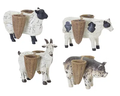 Melrose International Farm Animal Figurine With Basket Vase (set Of 4) - Brown, White, Black