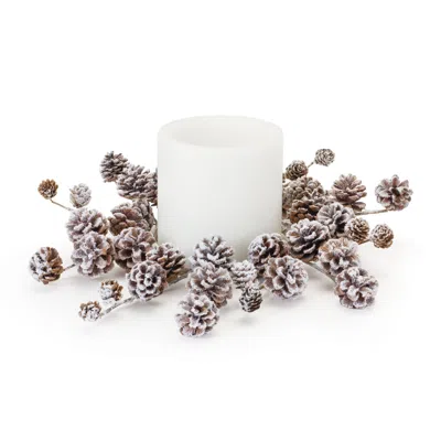 Melrose International Flocked Pine Cone Candle Ring (set Of 2) - Brown, White