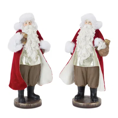 Melrose International Flocked Santa Figurine With Toy Accents (set Of 2) - Red, White, Black