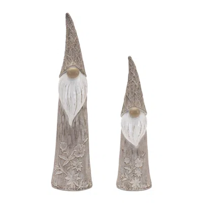 Melrose International Floral And Leaf Carved Gnome (set Of 2) - Beige, White