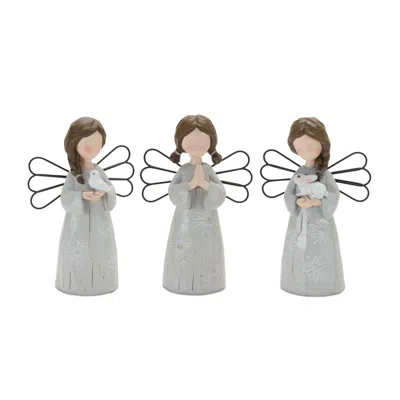 Melrose International Floral Etched Angel Figurine (set Of 3) - Grey, Brown