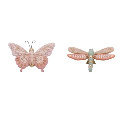 Melrose International Floral Etched Butterfly And Dragonfly Shelf Sitter (set Of 4) - Pink, Green