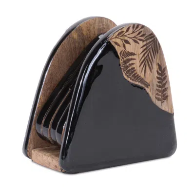 Melrose International Floral Etched Wood Coaster With Holder (set Of 5) - Black, Brown
