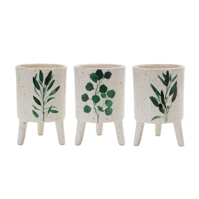 Melrose International Footed Foliage Print Planter (set Of 3) - White, Green