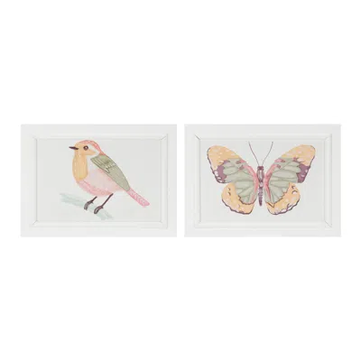 Melrose International Framed Bird And Butterfly Wall Plaque (set Of 2) - White, Yellow, Pink
