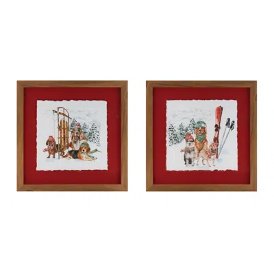 Melrose International Framed Dog Sled And Ski Print Under Glass (set Of 2) - Red, White, Brown
