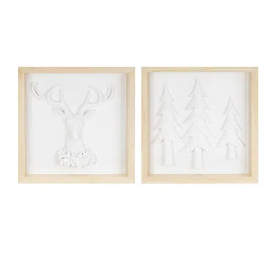 Melrose International Framed Holiday Deer And Tree Artwork (set Of 2) - White, Brown