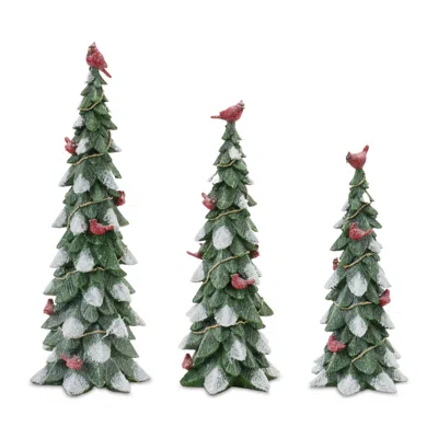 Melrose International Frosted Cardinal Pine Tree (set Of 3) - White, Green, Red