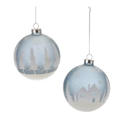 Melrose International Frosted Forest And Village Ball Ornament (set Of 6) - Blue, White
