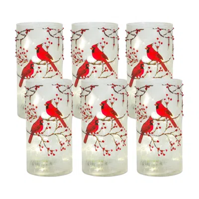 Melrose International Frosted Glass Votive Holder With Beaded Cardinal Bird Design (set Of 6) - White, Red