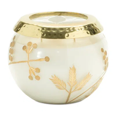 Melrose International Frosted Juniper Scented Soy Candle With Pressed Leaf Lid 5"d - White, Gold
