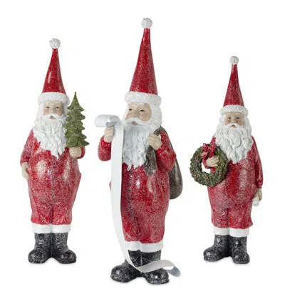 Melrose International Frosted Long John Santa With Pine And List Accent (set Of 3) - Red