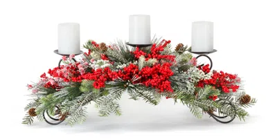 Melrose International Frosted Pine And Mixed Berry Centerpiece Candle Holder 31"l - Green, Red, White In Multi
