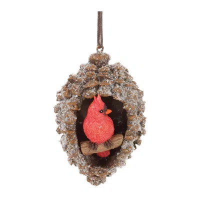 Melrose International Frosted Pine Cone Cardinal Ornament (set Of 6) - Brown, Red