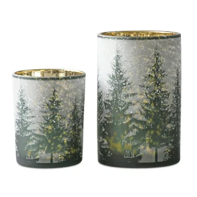 Melrose International Frosted Pine Mercury Glass Candle Holder (set Of 2) - Green, Grey, Gold