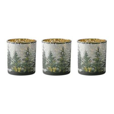 Melrose International Frosted Pine Mercury Glass Candle Holder (set Of 3) - Green, Grey, Gold