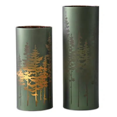 Melrose International Frosted Pine Trees Glass Candle Holder (set Of 2) - Green