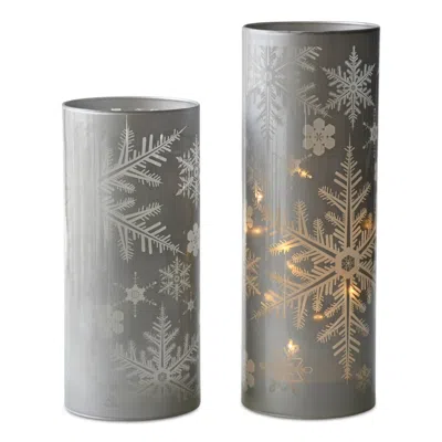 Melrose International Frosted Snowflake Glass Candle Holder (set Of 2) - Grey