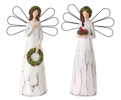 Melrose International Frosted Winter Angel With Bird And Wreath Accent (set Of 2) - White, Brown, Green
