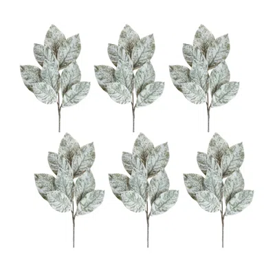 Melrose International Frosted Winter Magnolia Leaf Spray (set Of 6) - White, Brown In Multi