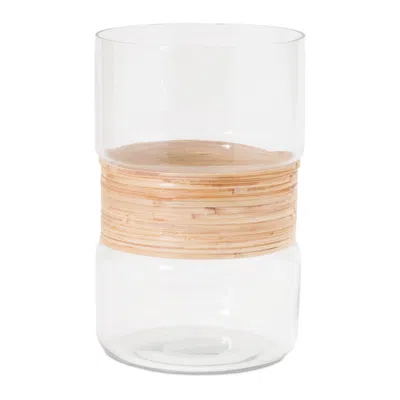Melrose International Glass Candle Holder With Bamboo Accent (set Of 2) - Clear, Beige
