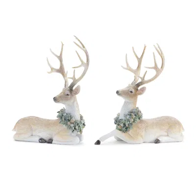 Melrose International Glittered Deer With Holly Wreath (set Of 2) - Beige, White