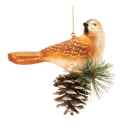 Melrose International Glittered Glass Bird And Pinecone Ornament (set Of 6) - Orange, Brown