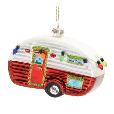 Melrose International Glittered Glass Camper Ornament (set Of 12) - Red, White