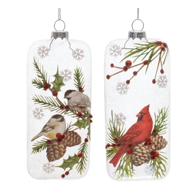 Melrose International Glittered Glass Cardinal And Chickadee Ornament (set Of 12) - Green, Red