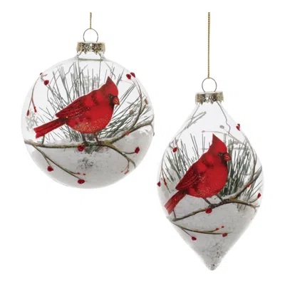 Melrose International Glittered Glass Cardinal Ornament With Snow And Pine Filler (set Of 6) - Red, Green, White