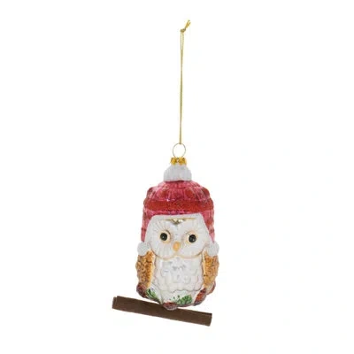Melrose International Glittered Glass Owl Ornament (set Of 12) In White,red,brown