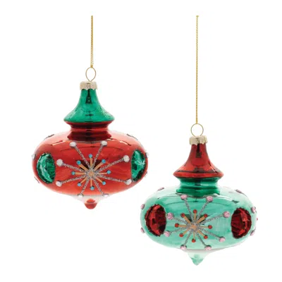 Melrose International Glittered Glass Reflector Ornament (set Of 6) - Red, Green