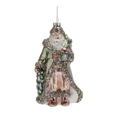 Melrose International Glittered Green Glass Santa Ornament (set Of 6) In Green;gold