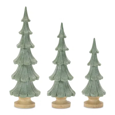 Melrose International Glittered Pine Tree (set Of 3) - Green, Beige In Multi