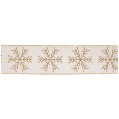 Melrose International Glittered Snowflake Wired Ribbon 4" X 5 Yds. - Beige, Gold