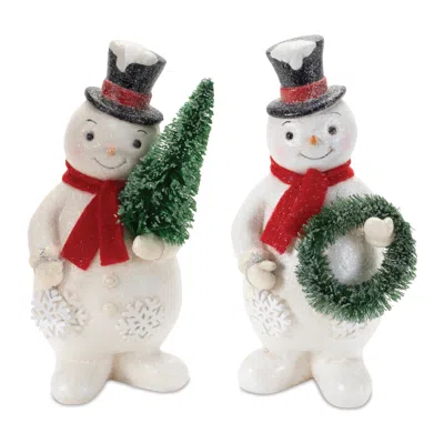 Melrose International Glittered Snowman Figurine (set Of 2) - White, Red, Green