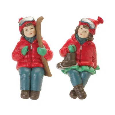 Melrose International Holiday Children Shelf Sitter With Skis And Skates (set Of 4) - Red, Blue