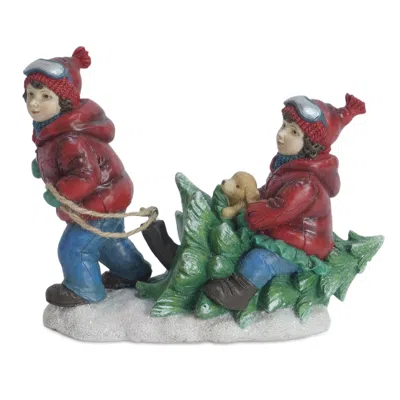 Melrose International Holiday Children With Tree And Dog Figurine (set Of 2) - White, Blue, Red